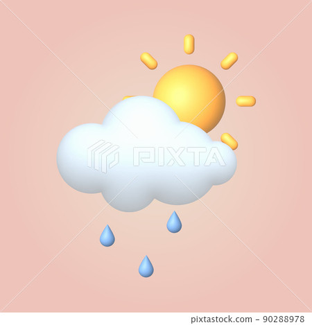 3d cartoon style weather icon cloud with rain and sun. Vector 3d cartoon style weather icon cloud with rain and sun. Vector 90288978