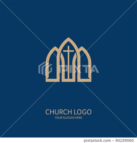 Church logo. Christian symbols. Cross of the Savior Jesus Christ on the background of the arches of the church. 90289060