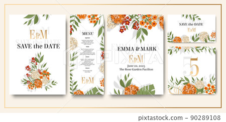 Set of wedding invitations, set of fashionable templates for design , vector - save the date, wedding menu, table number, invitation. Orange and beige flowers , greenery. Delicate floral illustrations Set of wedding invitations, set of fashionable templates for design , vector - save the date, wedding menu, table number, invitation. Orange and beige flowers , greenery. Delicate floral illustrations 90289108