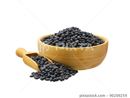 black beans in wooden scoop and bowl isolated on white background. black beans in wooden scoop and bowl isolated on white background. 90289259