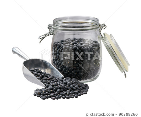 black beans in metal scoop and in glass storage jar isolated on white background. black beans in metal scoop and in glass storage jar isolated on white background. 90289260