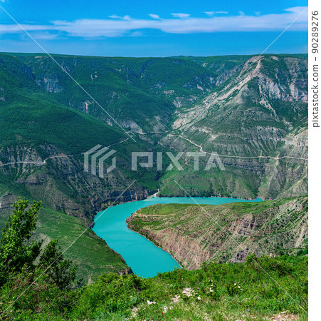 mountain landscape, view of the deep canyon with blue water, valley of the Sulak river in Dagestan mountain landscape, view of the deep canyon with blue water, valley of the Sulak river in Dagestan 90289276