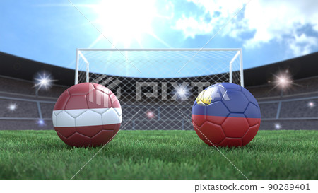 Two soccer balls in flags colors on stadium blurred background. Latvia and Liechtenstein. 3d image 90289401