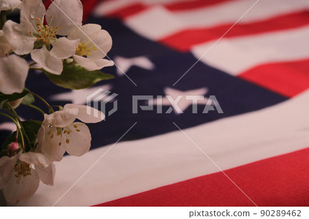White flowers on the background of the US flag. The concept of Remembrance Day, Independence Day.. White flowers on the background of the US flag. The concept of Remembrance Day, Independence Day.. 90289462