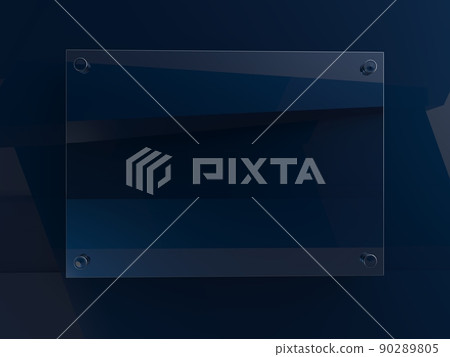 Blank A4 blue transparent glass office corporate Signage plate Mock Up template for branding, Logo. Blue acrilic advertising signboard mockup front view. 3D rendering 90289805