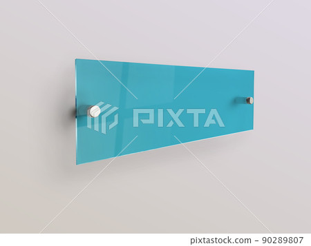 Blank turquoise rectangle glass office corporate on white background Signage plate Mock Up Template, Clear Printing board for branding, logo. Acrilic advertising signboard mockup side view. 90289807