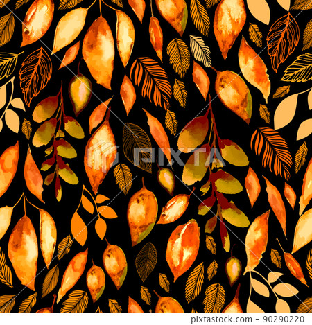 Autumn leaves watercolor seamless pattern. Dark background. Vector illustration 90290220