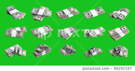 Big set of bundles of US dollar bills isolated on chroma key green. Collage with many packs of american money with high resolution on perfect green background Big set of bundles of US dollar bills isolated on chroma key green. Collage with many packs of american money with high resolution on perfect green background 90291587