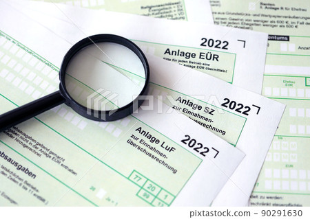German different tax declaration blank forms - Anlage EUR, Anlage SZ and Anlage Luf. The concept of taxation and accountant paperwork Germany 90291630