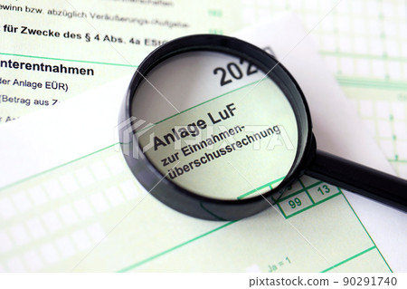 Anlage LuF - German 2022 excess income calculation and Information on determining profits from forestry. The concept of taxation and accountant paperwork Germany 90291740