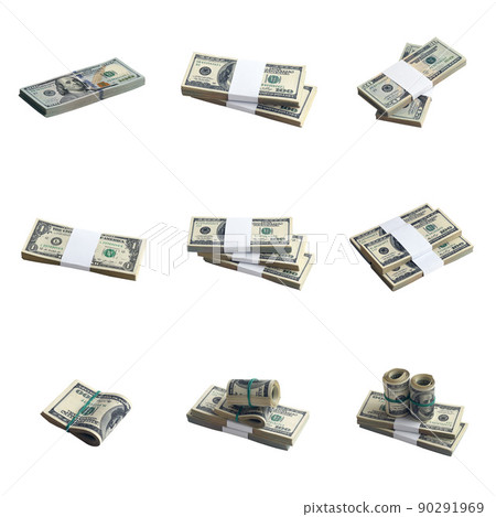 Big set of bundles of US dollar bills isolated on white. Collage with many packs of american money with high resolution on perfect white background 90291969