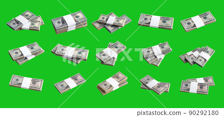 Big set of bundles of US dollar bills isolated on chroma key green. Collage with many packs of american money with high resolution on perfect green background 90292180