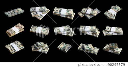 Big set of bundles of US dollar bills isolated on white. Collage with many packs of american money with high resolution on perfect white background 90292379