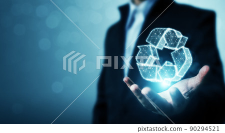 Reuse, reduce, recycle concept. Hand holding icon 3d recycle wireframe Reuse, reduce, recycle concept. Hand holding icon 3d recycle wireframe 90294521