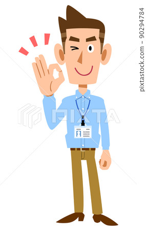 A man wearing a light blue shirt with an employee ID card and making an OK mark by hand 90294784