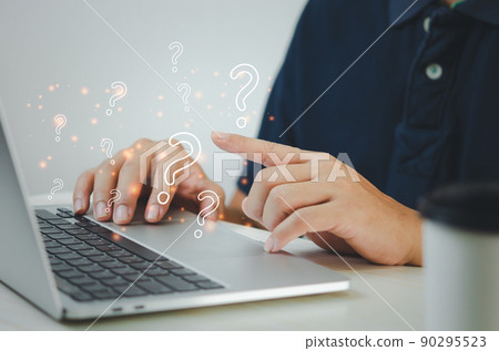 businessman pointing a question mark. Business computer technology concept. businessman pointing a question mark. Business computer technology concept. 90295523