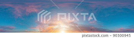 Sky panorama on sunset with Stratocumulus clouds in Seamless spherical equirectangular format as full zenith for use in 3D graphics, game and in aerial drone 360 degree panoramas for sky replacement Sky panorama on sunset with Stratocumulus clouds in Seamless spherical equirectangular format as full zenith for use in 3D graphics, game and in aerial drone 360 degree panoramas for sky replacement 90300945