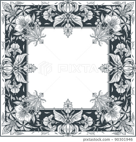 Vector black and white shawl print with beautiful hand drawn floral pattern Vector black and white shawl print with beautiful hand drawn floral pattern 90301946