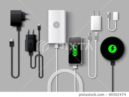 Mobile phone charger supply realistic vector set Mobile phone charger supply realistic vector set 90302474