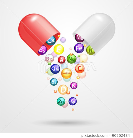 Vitamin complex pharmaceutical capsule vector realistic illustration 90302484