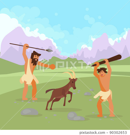 Stone age hunters vector flat illustration 90302653