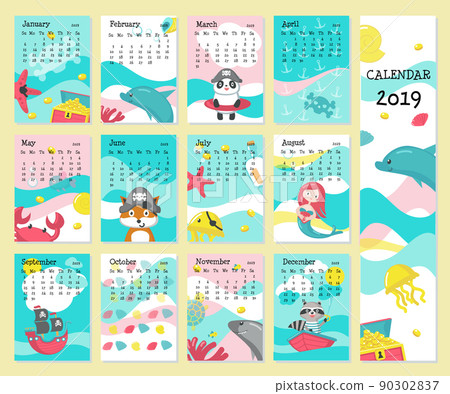Calendar 2019 vector template with pirate animals 90302837