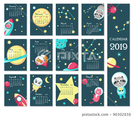 Calendar 2019 vector template with space animals 90302838