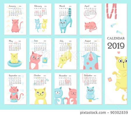 Calendar 2019 vector template with cute cats 90302839