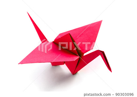 Red paper crane origami isolated on a white background 90303096