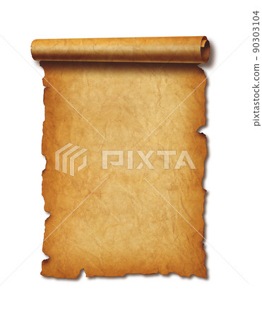 Old mediaeval paper sheet. Parchment scroll isolated on white with shadow 90303104