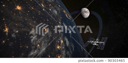 Spaceship flyes toward the Moon above night USA cities. Elements of this image furnished by NASA. Spaceship flyes toward the Moon above night USA cities. Elements of this image furnished by NASA. 90303465
