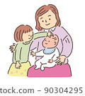 Girl stroking a baby held on a woman's lap 90304295