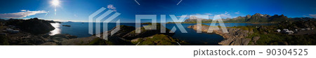 Panoramic view to Orsvagvaer village and Sandvika fjord at Austvagoy Island, Lofoten, Norway Panoramic view to Orsvagvaer village and Sandvika fjord at Austvagoy Island, Lofoten, Norway 90304525