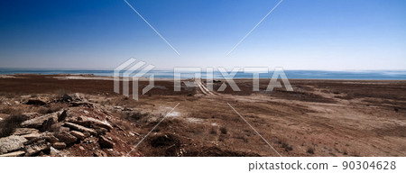 Panorama view to Aral sea from the rim of Plateau Ustyurt near Duana cape in Karakalpakstan, Uzbekistan Panorama view to Aral sea from the rim of Plateau Ustyurt near Duana cape in Karakalpakstan, Uzbekistan 90304628
