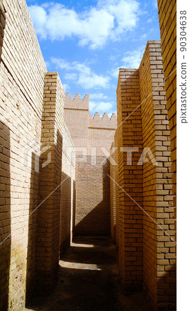 Wall of partially restored Babylon ruins, Hillah, Iraq 90304638