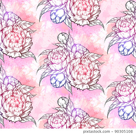 Seamless neon pattern with sketch of bunch of peonies on pink watercolor splashes. Natural fabric swatch. Vector botanical texture Seamless neon pattern with sketch of bunch of peonies on pink watercolor splashes. Natural fabric swatch. Vector botanical texture 90305108