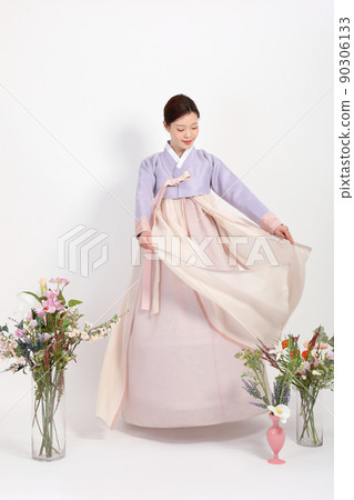spring beauty concept, beautiful korean woman wearing hanbok 90306133