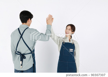 start up concept asian korean young woman and man with hand motions start up concept asian korean young woman and man with hand motions 90307307