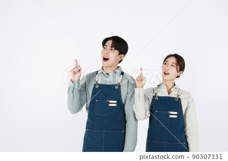 start up concept asian korean young woman and man with hand motions start up concept asian korean young woman and man with hand motions 90307331