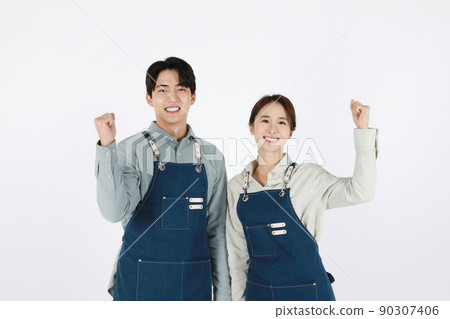 start up concept asian korean young woman and man with hand motions start up concept asian korean young woman and man with hand motions 90307406