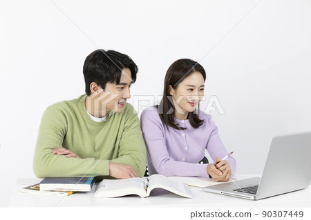 job interview_ asian korean young woman and man studying with a laptop job interview_ asian korean young woman and man studying with a laptop 90307449