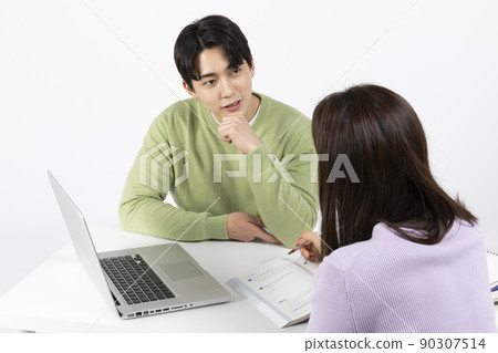 job interview_ asian korean young woman and man teach each other to study job interview_ asian korean young woman and man teach each other to study 90307514