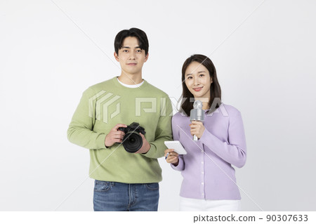 job interview preparation_ asian korean young woman and man, holding camera and microphone job interview preparation_ asian korean young woman and man, holding camera and microphone 90307633