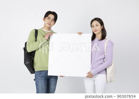 job interview preparation_ asian korean young woman and man, holding a panel job interview preparation_ asian korean young woman and man, holding a panel 90307654