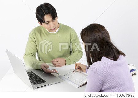 job interview preparation_ asian korean young woman and man, teach each other to study job interview preparation_ asian korean young woman and man, teach each other to study 90307683