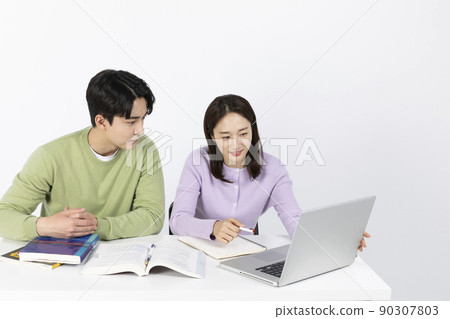 job interview_ asian korean young woman and man studying with a laptop job interview_ asian korean young woman and man studying with a laptop 90307803