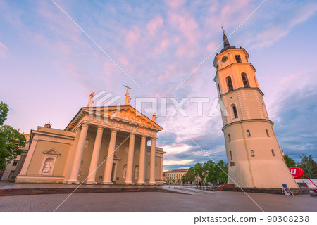 Close Up View Of Bell Tower Of Cathedral Basilica Of St. Stanislaus And St. Vladislav On Cathedral Square, Famous Landmark Close Up View Of Bell Tower Of Cathedral Basilica Of St. Stanislaus And St. Vladislav On Cathedral Square, Famous Landmark 90308238