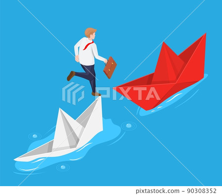 Businessman escape from sinking paper ship vector 90308352