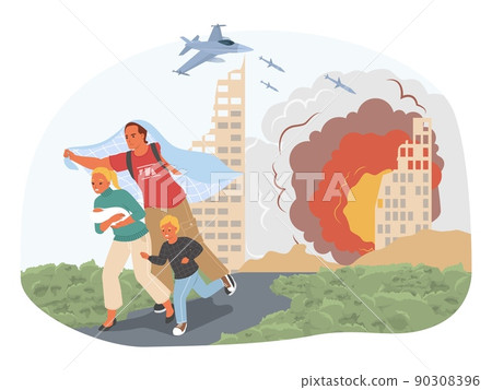 Family fleeing bombing city vector war poster Family fleeing bombing city vector war poster 90308396
