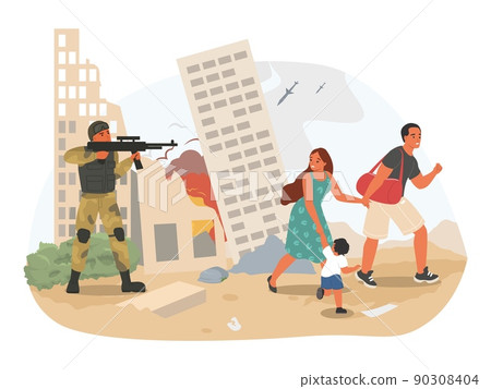 Military soldier aiming rifle at family refugee 90308404